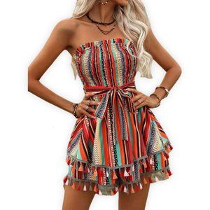 NEW Boho Strapless Romper Multicolor Tassel Trim Festival Summer Dress Size M